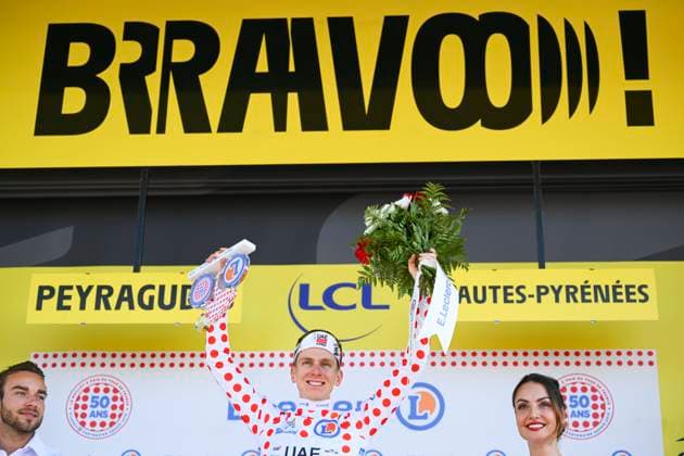 Tour de France 2025 Stage 13 PEYRAGUDES, FRANCE - JULY 18 : Pogacar Tadej (SLO) of UAE Team Emirates - XRG on the podium with the dotted jersey during stage 13 of the 112th edition of Tour de France an UCI World Tour 2.UWT Individual Time Trial stage for Men Elite of 11 km with start in Loudenvielle and finish in Peyragudes on July 18, 2025 in Peyragudes, France, 18 07 2025 ( Motordriver Kenny Verfaillie - Peyragudes France  Copyright: xVincentxKalutx