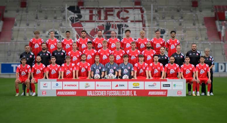 Hallescher FC, Mannschaft, Teamfoto, Portraets, Spielerfoto, Fussball, RL Nordost, Saison 2025 26, 17.07.2025 Halle Leuna Chemie Stadion ST Deutschland
