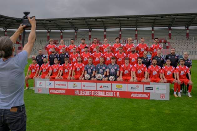 Hallescher FC, Mannschaft, Teamfoto, Portraets, Spielerfoto, Fussball, RL Nordost, Saison 2025 26, 17.07.2025 Halle Leuna Chemie Stadion ST Deutschland