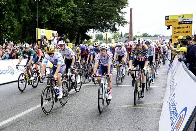 Belgian Remco Evenepoel of Soudal Quick-Step, French Lenny Martinez of Bahrain Victorious and US Quinn Simmons of Lidl-Trek pictured at the start of stage 14 of the 2025 Tour de France cycling race, from Pau to Luchon-Superbagneres (183 km), on Saturday 19 July 2025 in France. The 112th edition of the Tour de France starts on Saturday 5 July in Lille, France, and will finish in Paris, France on the 27th of July. DIRKxWAEM  x129556283x