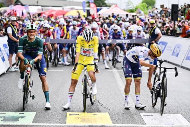 pictured at the start of stage 14 of the 2025 Tour de France cycling race, from Pau to Luchon-Superbagneres (183 km), on Saturday 19 July 2025 in France. The 112th edition of the Tour de France starts on Saturday 5 July in Lille, France, and will finish in Paris, France on the 27th of July. JASPERxJACOBS  x129556443x