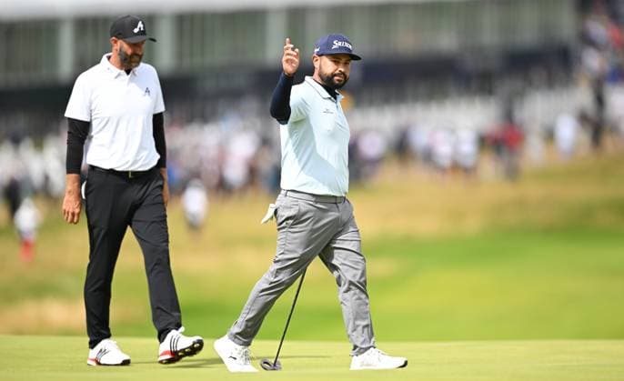 J.J. Spaun celebrates holing a putt on the 1st green for a birdie playing with Dustin Johnson The Open Championship, Day Three, Golf, Royal Portrush Golf Club, Portrush, Northern Ireland, UK - 19 Jul 2025 EDITORIAL USE ONLY No use with unauthorised audio, video, data, fixture lists, club league logos or live services. Online in-match use limited to 120 images, no video emulation. No use in betting, games or single club league player publications. Copyright: xGreigxCowie Shutterstockx 15403239e