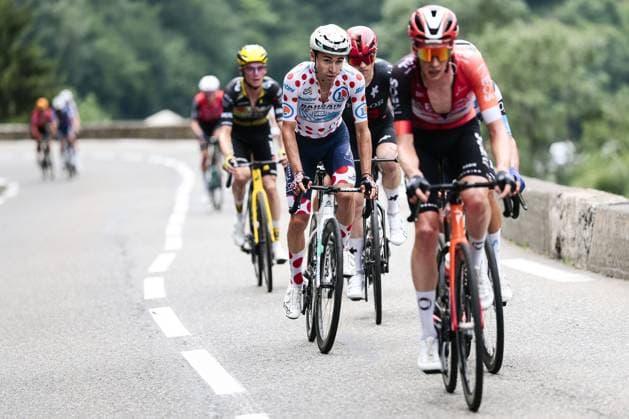 French Lenny Martinez of Bahrain Victorious pictured in action during stage 14 of the 2025 Tour de France cycling race, from Pau to Luchon-Superbagneres (183 km), on Saturday 19 July 2025 in France. The 112th edition of the Tour de France starts on Saturday 5 July in Lille, France, and will finish in Paris, France on the 27th of July. POOLxLUCAxBETTINI  x129560136x