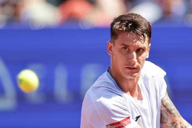 BASTAD, SWEDEN 20250719 Camilo Ugo Carabelli, Argentina, during Saturday s semifinal between Camilo Ugo Carabelli, Argentina, and Jesper de Jong, Netherlands, in the men s doubles during the Nordea Open tennis tournament in Bastad. BASTAD SWEDEN x9200x