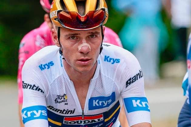 Tour de France 2025 Stage 14 LUCHON SUPERBAGNERES, FRANCE - JULY 19 : Evenepoel Remco (BEL) of Soudal - Quick Step in action during stage 14 of the 112th edition of Tour de France an UCI World Tour 2.UWT cycling road race stage for Men Elite of 183 km with start in Pau and finish in Luchon Superbagneres on July 19, 2025 in Luchon Superbagneres, France, 19 07 2025 ( Motordriver Kenny Verfaillie - Luchon Superbagneres France  Copyright: xLucaxBettinix