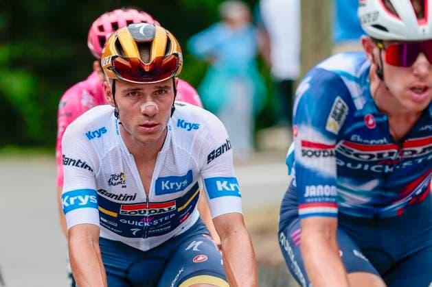 Tour de France 2025 Stage 14 LUCHON SUPERBAGNERES, FRANCE - JULY 19 : Evenepoel Remco (BEL) of Soudal - Quick Step in action during stage 14 of the 112th edition of Tour de France an UCI World Tour 2.UWT cycling road race stage for Men Elite of 183 km with start in Pau and finish in Luchon Superbagneres on July 19, 2025 in Luchon Superbagneres, France, 19 07 2025 ( Motordriver Kenny Verfaillie - Luchon Superbagneres France  Copyright: xLucaxBettinix