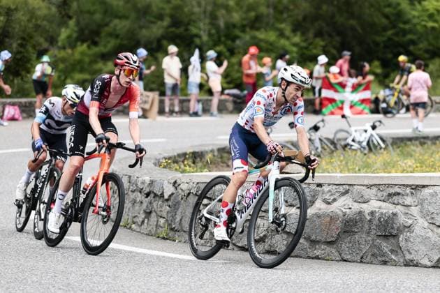 French Lenny Martinez of Bahrain Victorious pictured in action during stage 14 of the 2025 Tour de France cycling race, from Pau to Luchon-Superbagneres (183 km), on Saturday 19 July 2025 in France. The 112th edition of the Tour de France starts on Saturday 5 July in Lille, France, and will finish in Paris, France on the 27th of July. POOLxLUCAxBETTINI  x129561315x