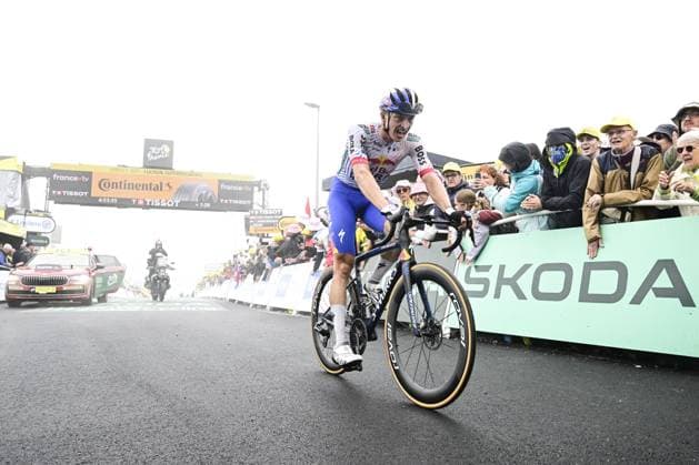 German Florian Lipowitz of RedBull-BORA-hansgrohe crosses the finish line of stage 14 of the 2025 Tour de France cycling race, from Pau to Luchon-Superbagneres (183 km), on Saturday 19 July 2025 in France. The 112th edition of the Tour de France starts on Saturday 5 July in Lille, France, and will finish in Paris, France on the 27th of July. DIRKxWAEM  x129575567x