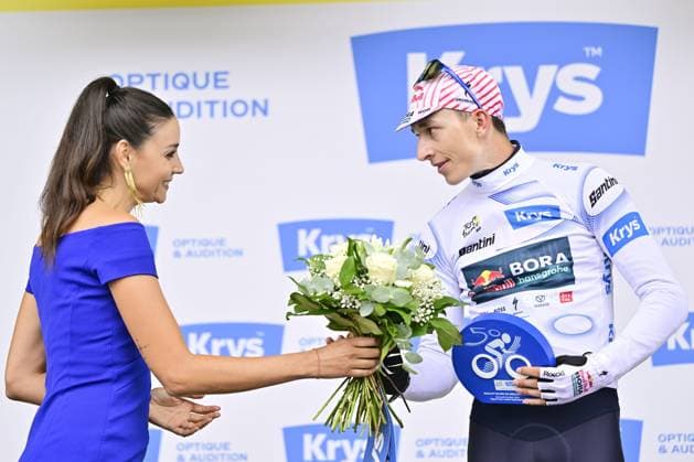 German Florian Lipowitz of RedBull-BORA-hansgrohe celebrates on the podium in the white jersey for best young rider after stage 14 of the 2025 Tour de France cycling race, from Pau to Luchon-Superbagneres (183 km), on Saturday 19 July 2025 in France. The 112th edition of the Tour de France starts on Saturday 5 July in Lille, France, and will finish in Paris, France on the 27th of July. DIRKxWAEM  x129577215x