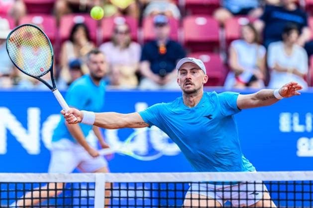 250720 Jan Zielinski of Poland competes in the doubles final tennis match during day 8 on July 20, 2025 in Bastad. Photo: Mathilda Schuler BILDBYRAN kod MA MA0849 tennis ATP, Tennis Herren 250 nordea open bbeng Copyright: MATHILDAxSCHULER BB250720MA030