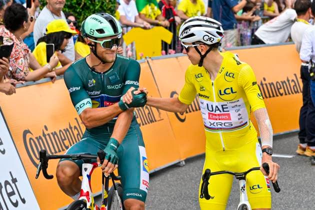 Tour de France 2025 Stage 15 CARCASSONNE, FRANCE - JULY 20 : Milan Jonathan (BEL) of Lidl - Trek, Pogacar Tadej (SLO) of UAE Team Emirates - XRG at the start line during stage 15 of the 112th edition of Tour de France an UCI World Tour 2.UWT cycling road race stage for Men Elite of 169 km with start in Muret and finish in Carcassonne on July 20, 2025 in Carcassonne, France, 20 07 2025 ( Motordriver Kenny Verfaillie - Carcassonne France  Copyright: xJanxDexMeuleneirx