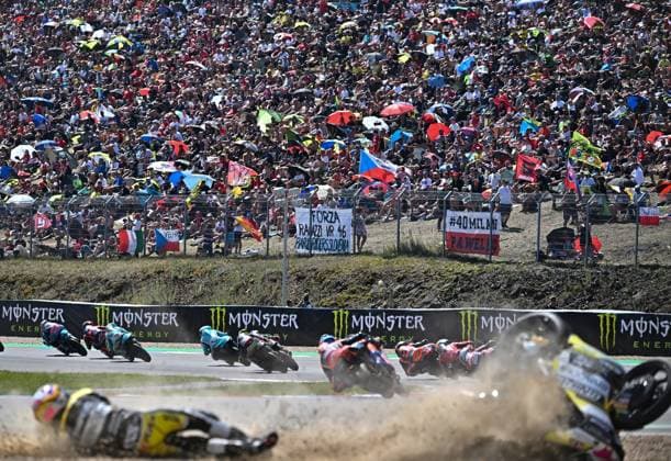 Sport Bilder des Tages The Grand Prix of the Czech Republic, Moto3 category World Championship, WM, Weltmeisterschaft race, in Brno, Czech Republic, on July 20, 2025. Riccardo Rossi from Italy, Rivacold Snipers Team, in the foreground after a crash. (CTKxPhoto LubosxPavlicek) CTKPhotoP2025072002935  CTKPhotoP2025072002935