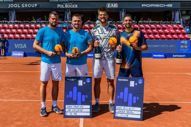 250720 Adam Pavlasek of Czech Republic and Jan Zielinski of Poland and Guido Andreozzi of Argentina and Sander Arends of Netherlands after the doubles final tennis match during day 8 on July 20, 2025 in Bastad. Photo: Mathilda Schuler BILDBYRAN kod MA MA0849 tennis ATP, Tennis Herren 250 nordea open bbeng Copyright: MATHILDAxSCHULER BB250720MA047