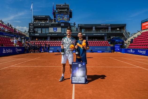 Sport Bilder des Tages 250720 Sander Arends of Netherlands and Guido Andreozzi of Argentina celebrate winning in the doubles final tennis match during day 8 on July 20, 2025 in Bastad. Photo: Mathilda Schuler BILDBYRAN kod MA MA0849 tennis ATP, Tennis Herren 250 nordea open bbeng jubel Copyright: MATHILDAxSCHULER BB250720MA048