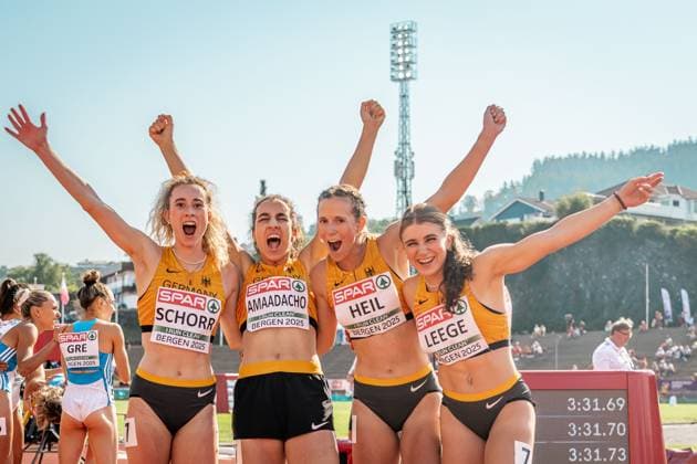 Sport Bilder des Tages Yasmin Amaadacho (Frankfurt Athletics, 4x400m Staffel Frauen), Sabrina Heil (Frankfurt Athletics, 4x400m Staffel Frauen), Lena Leege (SCC Berlin, 4x400m Staffel Frauen), Maja Schorr (SV Go! Saar 05, 4x400m Staffel Frauen), NOR, Leichtathletik, Athletics, European Athletics U23 Championships 2025, Leichtathletik U23 Europameisterschaft, Bergen, 20.07.2025, NOR, Leichtathletik, Athletics, European Athletics U23 Championships 2025, Leichtathletik U23 Europameisterschaft, Bergen, 20.07.2025 Bergen *** Yasmin Amaadacho Frankfurt Athletics, 4x400m Relay Women , Sabrina Heil Frankfurt Athletics, 4x400m Relay Women , Lena Leege SCC Berlin, 4x400m Relay Women , Maja Schorr SV Go Saar 05, 4x400m Relay Women , NOR, Leichtathletik, Athletics, European Athletics U23 Championships 2025, European Athletics U23 Championships, Bergen, 20 07 2025, NOR, Athletics, Athletics, European Athletics U23 Championships 2025, European Athletics U23 Championships, Bergen, 20 07 2025 Bergen Copyright: xStefanxMayerx EP_SMR