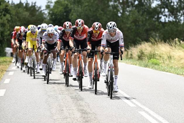 The pack of riders pictured in action during stage 15 of the 2025 Tour de France cycling race, from Muret to Carcasonne (169 km), on Sunday 20 July 2025 in France. The 112th edition of the Tour de France starts on Saturday 5 July in Lille, France, and will finish in Paris, France on the 27th of July. POOLxJANxDExMEULENEIR  x129646922x