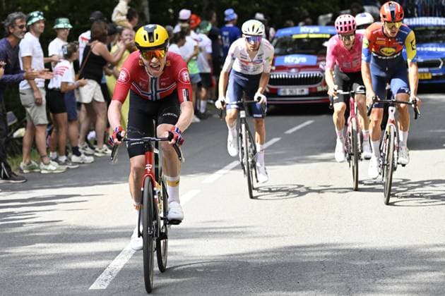 Norwegian Andreas Leknessund of Uno-X Mobility and Belgian Thibau Nys of Lidl-Trek pictured in action during stage 15 of the 2025 Tour de France cycling race, from Muret to Carcasonne (169 km), on Sunday 20 July 2025 in France. The 112th edition of the Tour de France starts on Saturday 5 July in Lille, France, and will finish in Paris, France on the 27th of July. POOLxJANxDExMEULENEIR  x129656583x