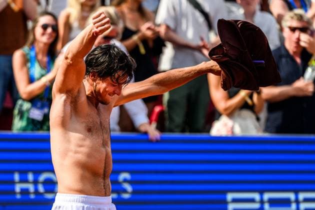 250720 Luciano Darderi of Italy celebrates winning in the singel final tennis match during day 8 on July 20, 2025 in Bastad. Photo: Mathilda Schuler BILDBYRAN kod MA MA0849 tennis ATP, Tennis Herren 250 nordea open bbeng jubel Copyright: MATHILDAxSCHULER BB250720MA086