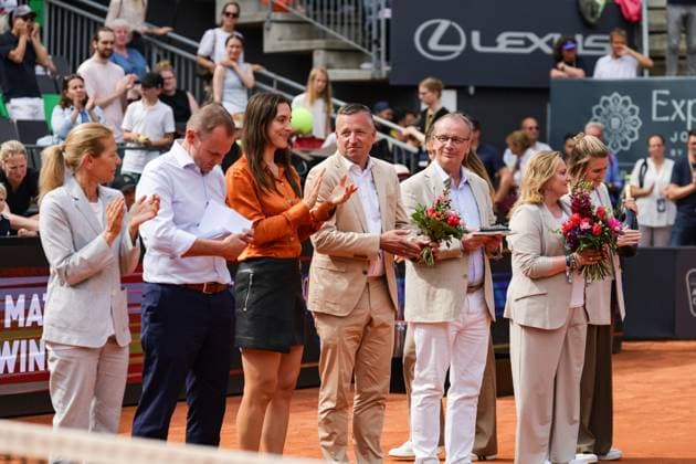 GER, Hamburg, xFSx, ATP250 Frauen-Tennistunier , MSC Hamburg Ladies Open 2025 , Finale ,20.07.2025 v.l. Turnierdirektorin Sandra Reichel, Andy Grote (Senator fuer Inneres und Hamburg), Turnierbotschafterin Andrea Petkovic , Nils Kahn (Leitung der Reederei MSC Germany) Copyright: HMBxMedia FernandoxSoares