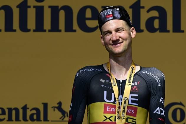 Belgian Tim Wellens of UAE Team Emirates and pictured on the podium after winning the stage 15 of the 2025 Tour de France cycling race, from Muret to Carcasonne (169 km), on Sunday 20 July 2025 in France. The 112th edition of the Tour de France starts on Saturday 5 July in Lille, France, and will finish in Paris, France on the 27th of July. DIRKxWAEM  x129659396x