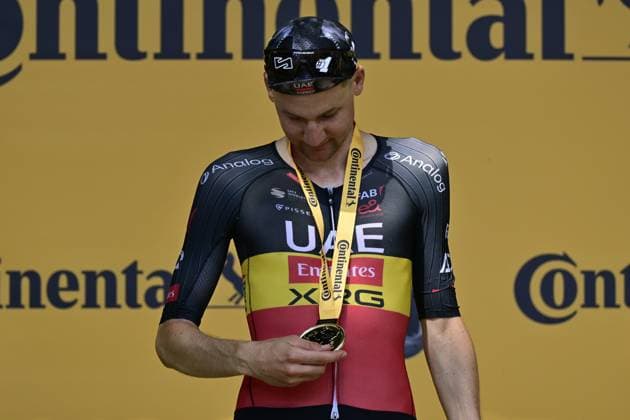 Belgian Tim Wellens of UAE Team Emirates and pictured on the podium after winning the stage 15 of the 2025 Tour de France cycling race, from Muret to Carcasonne (169 km), on Sunday 20 July 2025 in France. The 112th edition of the Tour de France starts on Saturday 5 July in Lille, France, and will finish in Paris, France on the 27th of July. DIRKxWAEM  x129659609x