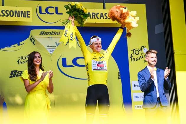 Tour de France 2025 Stage 15 CARCASSONNE, FRANCE - JULY 20 : Pogacar Tadej (SLO) of UAE Team Emirates - XRG on the podium during stage 15 of the 112th edition of Tour de France an UCI World Tour 2.UWT cycling road race stage for Men Elite of 169 km with start in Muret and finish in Carcassonne on July 20, 2025 in Carcassonne, France, 20 07 2025 ( Motordriver Kenny Verfaillie - Carcassonne France  Copyright: xVincentxKalutx