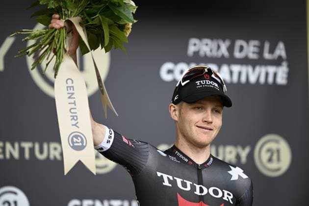 Australian Michael Storer of Tudor Pro Cycling Team pictured on the podium after the stage 15 of the 2025 Tour de France cycling race, from Muret to Carcasonne (169 km), on Sunday 20 July 2025 in France. The 112th edition of the Tour de France starts on Saturday 5 July in Lille, France, and will finish in Paris, France on the 27th of July. JASPERxJACOBS  x129660995x