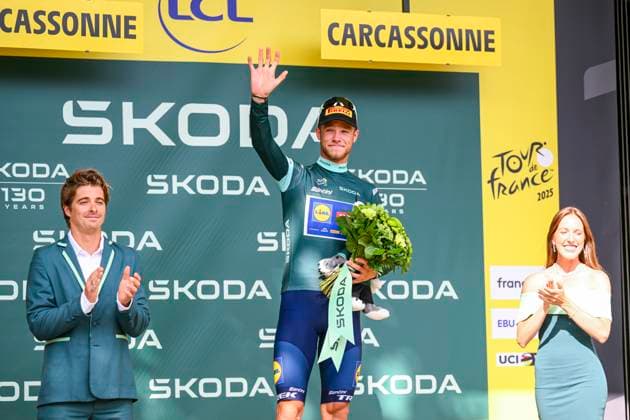 Tour de France 2025 Stage 15 CARCASSONNE, FRANCE - JULY 20 : Milan Jonathan (BEL) of Lidl - Trek on the podium with the green jersey during stage 15 of the 112th edition of Tour de France an UCI World Tour 2.UWT cycling road race stage for Men Elite of 169 km with start in Muret and finish in Carcassonne on July 20, 2025 in Carcassonne, France, 20 07 2025 ( Motordriver Kenny Verfaillie - Carcassonne France  Copyright: xVincentxKalutx