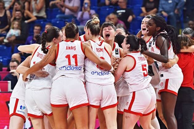 Spanish players celebrate victory of Spain vs Canada, match for 3rd place of the Women s Under-19 Basketball World Championship, WM, Weltmeisterschaft at the Starez Arena Vodova, in Brno, Czech Republic, on July 20, 2025. (CTKxPhoto PatrikxUhlir) CTKPhotoP2025072004620  CTKPhotoP2025072004620