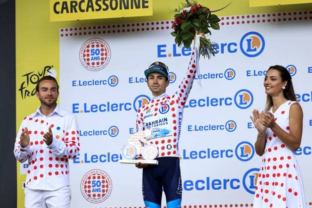 2025 Tour de France - Stage 15 Lenny Martinez, Bahrain - Victorious, during the award ceremony, in Carcassonne, France during Tour de France 2025 - Stage 15, Tour De France race in France, on July 20, 2025. Photo by Stefano Cavasino IPA ABACAPRESS.COM Carcassonne France  Copyright: xIPAxSport ABACAx