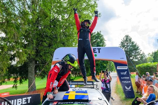 FIA World Rally Championship WRC, Motorsport Rallye, WM Delfi Rally Estonia 2025 Driver Oliver Solberg and co-driver James Fulton of the team Toyota Gazoo Racing WRT, in a Toyota GR Yaris Rally1, celebrate the victory in the final power stage during the FIA World Rally Championship WRC Delfi Rally Estonia in Tartu, Estonia, on July 20, 2025. Tartu Estonia  Copyright: xLucaxBarsalix originalFilename:barsali-notitle250720_npOvv.jpg