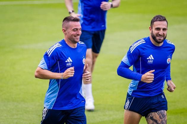 SLOVAN BRATISLAVA - ZRINJSKI MOSTAR Robert Mak, Tigran Barseghyan of Slovan during team training ahead of second qualifying round of UEFA Champions League football match between SK Slovan Bratislava and HSK Zrinjski Mostar. Bratislava, Slovakia, July 21, 2025. Copyright: xx 080A4498