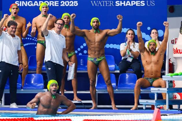 Joao Gabriel Silveira of Brazil, Luis Ricardo Silva of Brazil Brazil v Canada, Water polo, Wasserball Singapore 2025 World Aquatics Championships, OCBC Aquatic Centre, July 22, 2025, Singapore, Singapore.