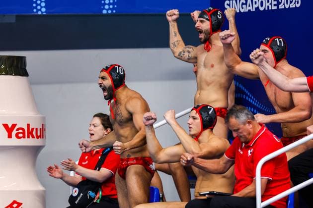 Aria Soleimanipak of Canada, Nikolas Gerakoudis of Canada, Roko Pozaric of Canada Brazil v Canada, Water polo, Wasserball Singapore 2025 World Aquatics Championships, OCBC Aquatic Centre, July 22, 2025, Singapore, Singapore.