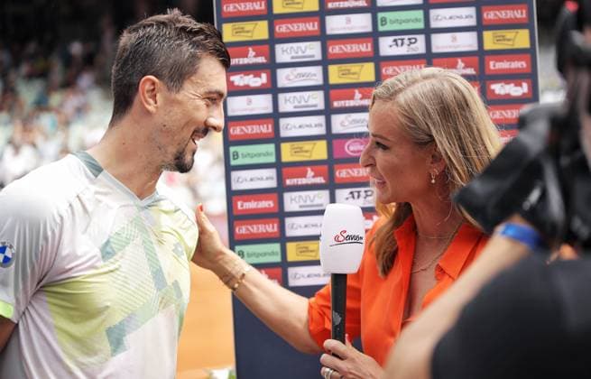 TENNIS - ATP, Tennis Herren Generali Open 2025 KITZBUEHEL,AUSTRIA,22.JUL.25 - TENNIS - ATP World Tour, Generali Open. Image shows Sebastian Ofner (AUT) and Barbara Schett-Eagle.  GEPAxpictures xMatthiasxHauer