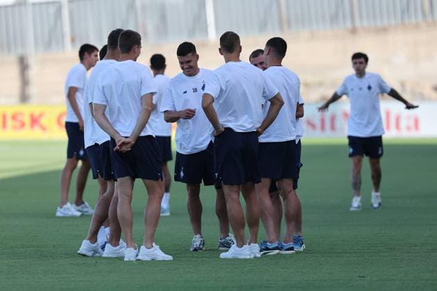 Dynamo Kyiv players inspect the pitch of play prior to the UEFA Champions League Second qualifying round, 1st leg soccer match between Hamrun Spartans FC and FC Dynamo Kyiv at the Tony Bezzina Stadium, in Paola, Malta, on 22 July 2025. UEFA Champions League - Hamrun Spartans FC v FC Dynamo Kyev