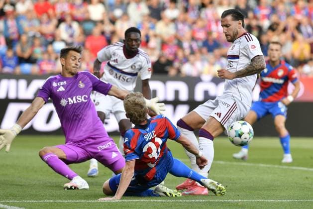 From left Joell Mall of Serwette, Pavel Sulc of Pilsen, Yoan Severin of Servette in action during the European League 2nd qualifying round opening match Viktoria Plzen vs Servette Geneva in Plzen, Czech Republic, July 22, 2025. (CTKxPhoto MiroslavxChaloupka) CTKPhotoP2025072206671  CTKPhotoP2025072206671