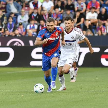 From left Tomas Ladra of Viktoria Pilsen, Miroslav Stevanovic of Servette in action during the European League 2nd qualifying round opening match Viktoria Plzen vs Servette Geneva in Pilsen, Czech Republic, July 22, 2025. (CTKxPhoto MiroslavxChaloupka) CTKPhotoP2025072206554  CTKPhotoP2025072206554