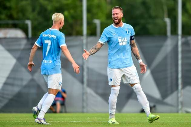 250722 Otto Rosengren and Pontus Jansson of Malmö FF celebrate after 0-2 during the UEFA Champions League qualifier football match between FK RFS and Malmö FF on July 22, 2025 in Riga. Photo: Christian Örnberg BILDBYRAN COP 166 CO0590 fotboll football soccer fotball uefa champions league qualifiers champions league fk rfs malmö ff bbeng jubel Copyright: CHRISTIANxÖRNBERG BB250722CO042