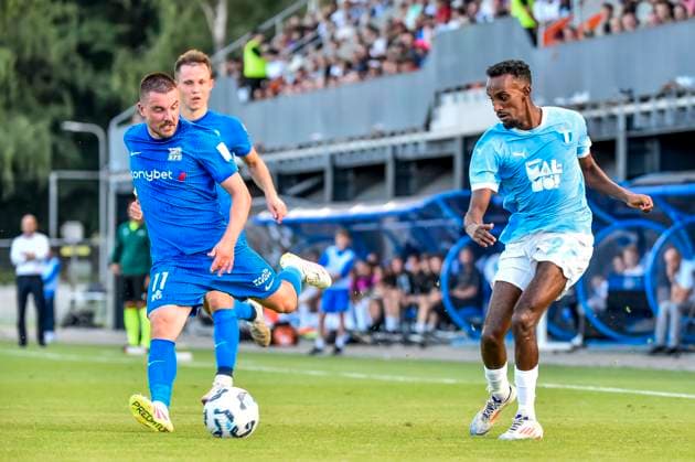 250722 Roberts Savalnieks of FK RFS and Taha Ali of Malmö FF during the UEFA Champions League qualifier football match between FK RFS and Malmö FF on July 22, 2025 in Riga. Photo: Christian Örnberg BILDBYRAN COP 166 CO0590 fotboll football soccer fotball uefa champions league qualifiers champions league fk rfs malmö ff bbeng Copyright: CHRISTIANxÖRNBERG BB250722CO048