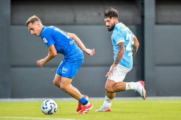 250722 Dmitrijs Zelenkovs of FK RFS and Sead Haksabanovic of Malmö FF during the UEFA Champions League qualifier football match between FK RFS and Malmö FF on July 22, 2025 in Riga. Photo: Christian Örnberg BILDBYRAN COP 166 CO0590 fotboll football soccer fotball uefa champions league qualifiers champions league fk rfs malmö ff bbeng Copyright: CHRISTIANxÖRNBERG BB250722CO052