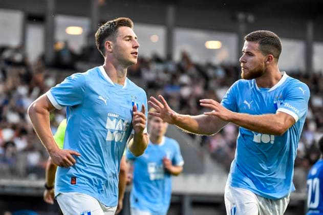 250722 Lasse Berg Johnsen and Gabriel Busanello of Malmö FF celebrate after 1-4 during the UEFA Champions League qualifier football match between FK RFS and Malmö FF on July 22, 2025 in Riga. Photo: Christian Örnberg BILDBYRAN COP 166 CO0590 fotboll football soccer fotball uefa champions league qualifiers champions league fk rfs malmö ff bbeng jubel Copyright: CHRISTIANxÖRNBERG BB250722CO061