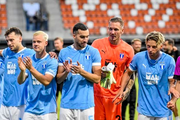 250722 Otto Rosengren, Andrej Djuric, goalkeeper Robin Olsen and Jens Stryger Larsen of Malmö FF celebrate after the UEFA Champions League qualifier football match between FK RFS and Malmö FF on July 22, 2025 in Riga. Photo: Christian Örnberg BILDBYRAN COP 166 CO0590 fotboll football soccer fotball uefa champions league qualifiers champions league fk rfs malmö ff bbeng jubel Copyright: CHRISTIANxÖRNBERG BB250722CO065
