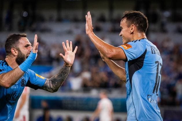 SLOVAN BRATISLAVA - ZRINJSKI MOSTAR Tigran Barseghyan and David Strelec of Slovan celebrate a goal during second qualifying round of UEFA Champions League football match between SK Slovan Bratislava and HSK Zrinjski Mostar. Bratislava, Slovakia, July 22, 2025. Copyright: xx _BRR5165