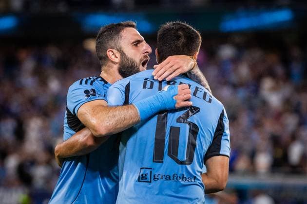 SLOVAN BRATISLAVA - ZRINJSKI MOSTAR Tigran Barseghyan and David Strelec of Slovan celebrate a goal during second qualifying round of UEFA Champions League football match between SK Slovan Bratislava and HSK Zrinjski Mostar. Bratislava, Slovakia, July 22, 2025. Copyright: xx _BRR5180