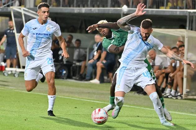 Rijeka, Croatia, July 22th 2025: Ante Majstorovic of Rijeka (R) in action against Yves Erick Bile of Ludogorets (C) during the UEFA Champions League, Second qualifying round, 1st leg, match between Rijeka (Croatia) and Ludogorets (Bulgaria) at Stadium Rujevica, Rijeka, Croatia. (Igor Kupljenik SPP) Copyright: xIgorxKupljenikx xSPPx SPP_1027373