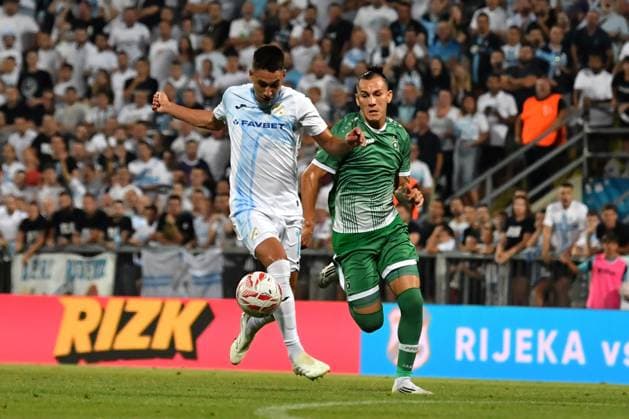 Rijeka, Croatia, July 22th 2025: Luka Menalo of Rijeka (L) in action against Anton Nedyalkov of Ludogorets (R) during the UEFA Champions League, Second qualifying round, 1st leg, match between Rijeka (Croatia) and Ludogorets (Bulgaria) at Stadium Rujevica, Rijeka, Croatia. (Natasa Kupljenik SPP) Copyright: xNatasaxKupljenikx xSPPx SPP_1027396