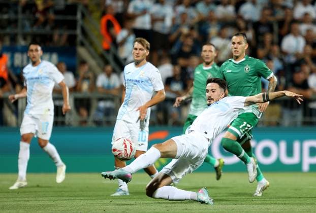 Rijeka v Ludogorets - UEFA Champions League Second Qualifying Round First Leg RIJEKA, CROATIA - JULY 22: Stjepan Radeljic of HNK Rijeka shoots a ball during the UEFA Champions League Second Qualifying Round First Leg match between Rijeka and Ludogorets at Stadion HNK Rijeka on July 22, 2025 in Rijeka, Croatia.  NelxPavletic PIXSELL