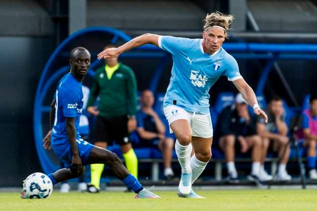250722 Jens Stryger Larsen of Malmö FF and Mor Talla of FK RFS during the UEFA Champions League qualifier football match between FK RFS and Malmö FF on July 22, 2025 in Riga. Photo: Christian Örnberg BILDBYRAN COP 166 CO0590 fotboll football soccer fotball uefa champions league qualifiers champions league fk rfs malmö ff bbeng Copyright: CHRISTIANxÖRNBERG BB250722CO112