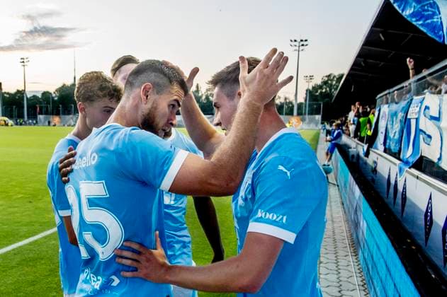 250722 Gabriel Busanello and Lasse Berg Johnsen of Malmö FF celebrates during the UEFA Champions League qualifier football match between FK RFS and Malmö FF on July 22, 2025 in Riga. Photo: Christian Örnberg BILDBYRAN COP 166 CO0590 fotboll football soccer fotball uefa champions league qualifiers champions league fk rfs malmö ff bbeng jubel Copyright: CHRISTIANxÖRNBERG BB250722CO117
